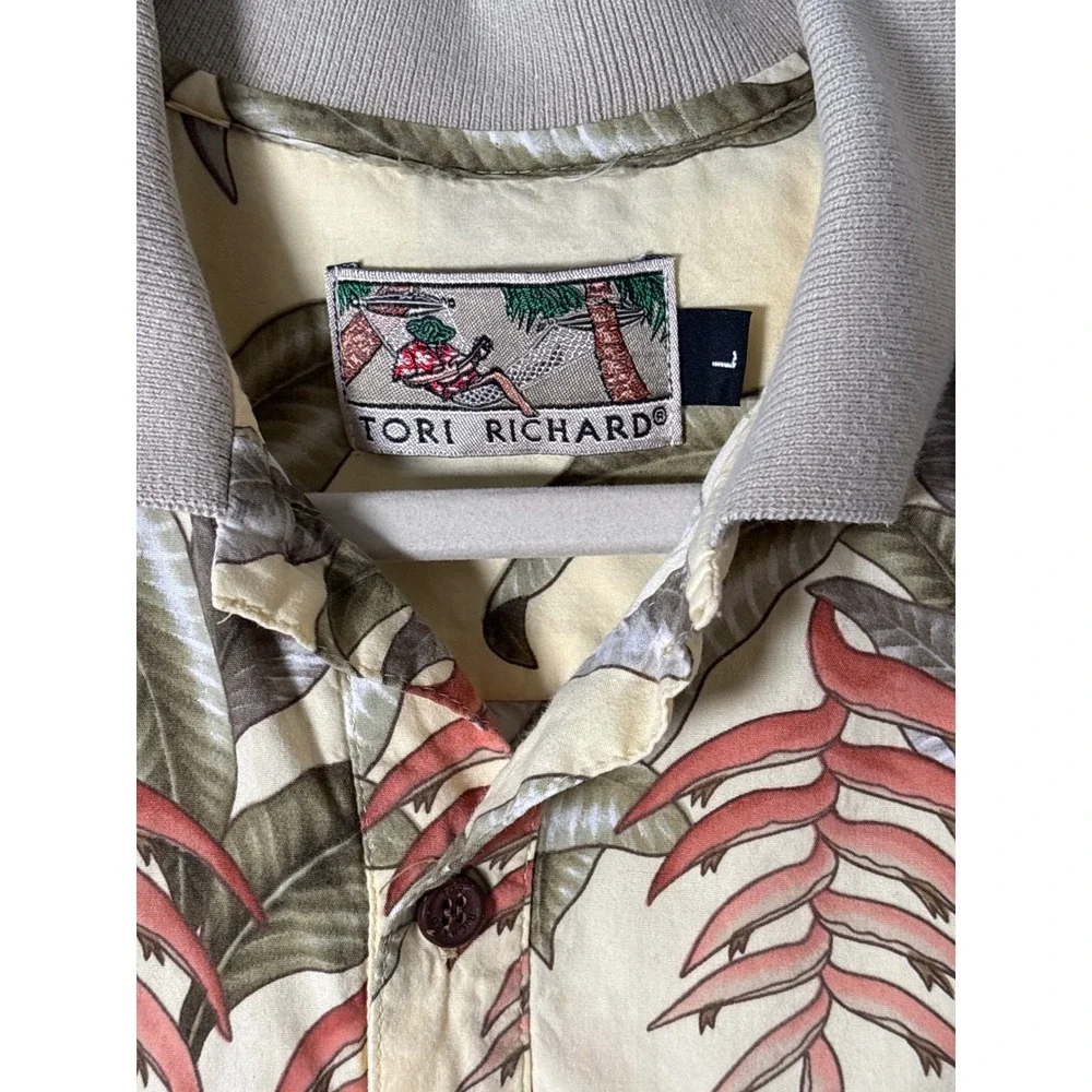 Tori Richard Mens Large Yellow Tropical Heliconia Palm Print Polo Hawaiian Shirt